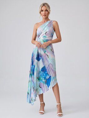 Women's Light Blue One Shoulder Pleated Floral Midi Dress Wedding Guest Party